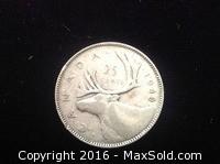 1949 Canadian Silver 25 Cent Coin Of Canada 