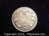 1934 Canadian Silver 25 Cent Coin 
