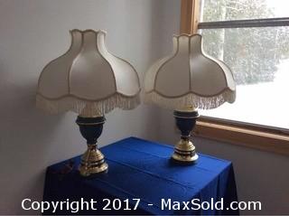 Pair Of Blue & Brass Metal Lamps W/ Fringe Shades