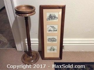Vintage Wood Plant Stand & Historic Buildings Picture
