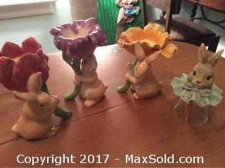 Ceramic Bunny Floral Candle Holders & Bell