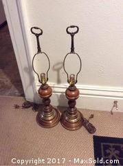 Vintage Pair Teak W/Brass Table Lamps