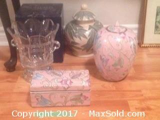 Ceramic Vases  and  Box,  Bohemia Crystal Vase,  