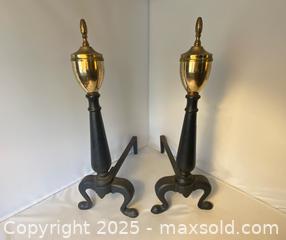MaxSold Auction: Federal Style MCM Cast Iron Wrought and Brass Finial Fireplace Andirons - Maple Shade (New Jersey, USA) SELLER MANAGED Downsizing Online Auction - Martin Avenue