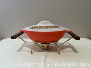 MaxSold Auction: Coral &#39;Gold Rain&#39; Glasbake Casserole Serving Dish with Milk Glass Lid &#38; Warming Stand - Toronto (Ontario, Canada) SELLER MANAGED Estate Sale Online Auction - Roxton Road