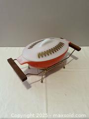MaxSold Auction: Coral &#39;Gold Rain&#39; Glasbake Casserole Serving Dish with Milk Glass Lid &#38; Warming Stand - Toronto (Ontario, Canada) SELLER MANAGED Estate Sale Online Auction - Roxton Road