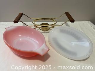 MaxSold Auction: Coral &#39;Gold Rain&#39; Glasbake Casserole Serving Dish with Milk Glass Lid &#38; Warming Stand - Toronto (Ontario, Canada) SELLER MANAGED Estate Sale Online Auction - Roxton Road