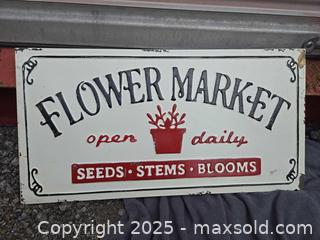 MaxSold Auction: Embossed Metal Wall Sign, Flower Market Theme - Gananoque (Ontario, Canada) SELLER MANAGED Downsizing Online Auction -  Highway 2 West(STORAGE)                      