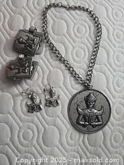 MaxSold Auction: Silver-Tone Panel-Link Bracelet & Earrings Set, Asian Motif - Gananoque (Ontario, Canada) SELLER MANAGED Downsizing Online Auction -  Highway 2 West(STORAGE)                      