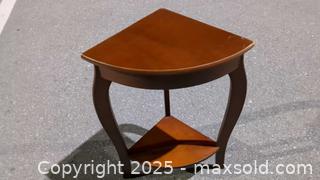MaxSold Auction: Triangular Corner Side Table with Lower Shelf, Dark Wood - Gananoque (Ontario, Canada) SELLER MANAGED Downsizing Online Auction -  Highway 2 West(STORAGE)                      