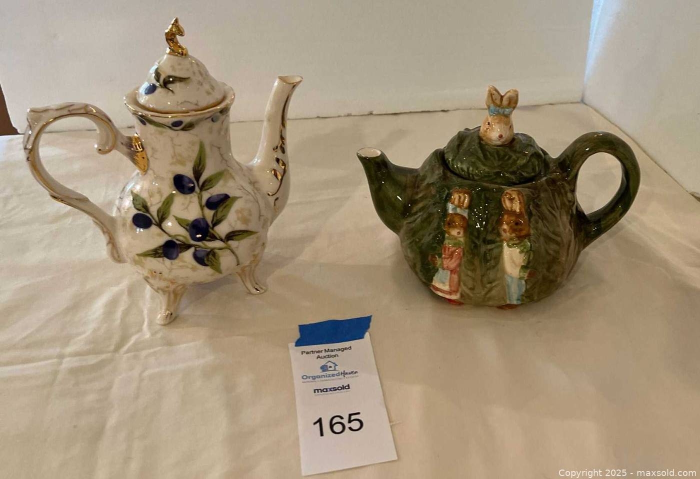 Pair of Decorative Teapots: Blueberry Porcelain & Cabbage w/ Rabbits. A ...