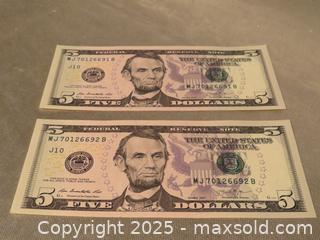 MaxSold Auction: **5-dollar bill - (2) bills with serial numbers in sequential order**  - Colorado Springs (Colorado, USA) SELLER MANAGED Estate Sale Online Auction - Mcnichols Court (CONDO)                  