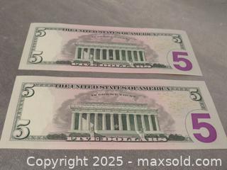 MaxSold Auction: **5-dollar bill - (2) bills with serial numbers in sequential order**  - Colorado Springs (Colorado, USA) SELLER MANAGED Estate Sale Online Auction - Mcnichols Court (CONDO)                  