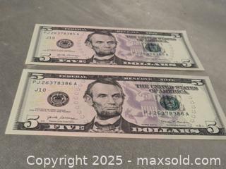 MaxSold Auction: **5 dollar bill - (2) bills with serial numbers in sequential order**  - Colorado Springs (Colorado, USA) SELLER MANAGED Estate Sale Online Auction - Mcnichols Court (CONDO)                  