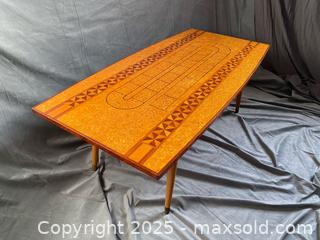 MaxSold Auction: Mid Century Surfboard Cribbage Coffee Table with Wood Inlay Design - Hamilton (Ontario, Canada) SELLER MANAGED Downsizing Online Auction - Napier Street