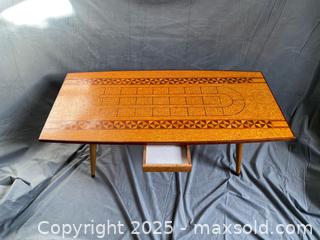 MaxSold Auction: Mid Century Surfboard Cribbage Coffee Table with Wood Inlay Design - Hamilton (Ontario, Canada) SELLER MANAGED Downsizing Online Auction - Napier Street