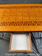MaxSold Auction: Mid Century Surfboard Cribbage Coffee Table with Wood Inlay Design - Hamilton (Ontario, Canada) SELLER MANAGED Downsizing Online Auction - Napier Street