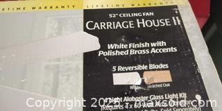 MaxSold Auction: Carriage House II 52" Ceiling Fan, White with Polished Brass new in original package  - Plainville (Massachusetts, USA) SELLER MANAGED Downsizing Online Auction -  West Bacon Street