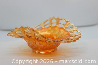 MaxSold Auction: Fenton Carnival Glass Orange Amber Small Decorative Woven Open Edged Basket - Kawartha Lakes (Ontario, Canada) SELLER MANAGED Estate Sale Online Auction - Evergreen Street