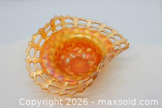MaxSold Auction: Fenton Carnival Glass Orange Amber Small Decorative Woven Open Edged Basket - Kawartha Lakes (Ontario, Canada) SELLER MANAGED Estate Sale Online Auction - Evergreen Street