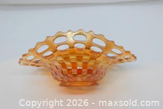MaxSold Auction: Fenton Carnival Glass Orange Amber Small Decorative Woven Open Edged Basket - Kawartha Lakes (Ontario, Canada) SELLER MANAGED Estate Sale Online Auction - Evergreen Street