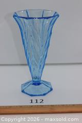MaxSold Auction: Large Blue Swirled Pressed Glass Trumpet Vase - Kawartha Lakes (Ontario, Canada) SELLER MANAGED Estate Sale Online Auction - Evergreen Street