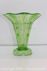 MaxSold Auction: Large Uranium Green Depression Art Deco Pressed Glass Vase - Kawartha Lakes (Ontario, Canada) SELLER MANAGED Estate Sale Online Auction - Evergreen Street