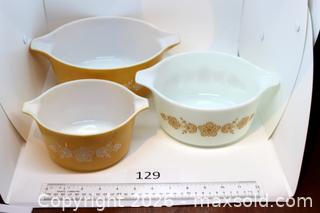 MaxSold Auction: Pyrex Butterfly Gold (set of 3), 473, 474 & 475 - 1, 1.5 and 2.5 Qt casserole - Nesting gold, white and gold. - Kawartha Lakes (Ontario, Canada) SELLER MANAGED Estate Sale Online Auction - Evergreen Street