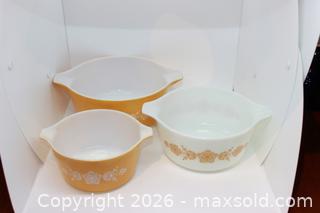 MaxSold Auction: Pyrex Butterfly Gold (set of 3), 473, 474 & 475 - 1, 1.5 and 2.5 Qt casserole - Nesting gold, white and gold. - Kawartha Lakes (Ontario, Canada) SELLER MANAGED Estate Sale Online Auction - Evergreen Street