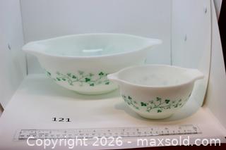MaxSold Auction: Pyrex Milk Glass Mixing Bowls, Green Ivy Vine Pattern (2-Piece) - Kawartha Lakes (Ontario, Canada) SELLER MANAGED Estate Sale Online Auction - Evergreen Street