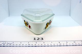 MaxSold Auction: Pyrex Vintage Floral Triangular Fridge Bowl & Lid (2 Pieces) (Made in England)  - Kawartha Lakes (Ontario, Canada) SELLER MANAGED Estate Sale Online Auction - Evergreen Street