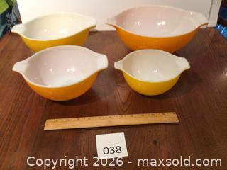 MaxSold Auction: Vintage - Pyrex “Daisy” Cinderella mixing bowls, orange & yellow 1968.  (set of 4) - Kawartha Lakes (Ontario, Canada) SELLER MANAGED Estate Sale Online Auction - Evergreen Street