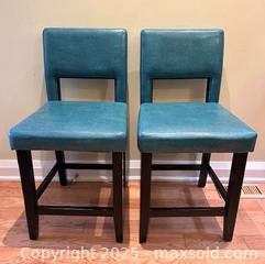 MaxSold Auction: Aegean Blue Faux Leather Bar Stools - Lot of 2 - Toronto (Ontario, Canada) SELLER MANAGED Downsizing Online Auction - Logan Avenue
