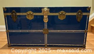 MaxSold Auction: Blue Metal Storage Steamer Trunk 1960s - 21 x 40 x 20 inches - Toronto (Ontario, Canada) SELLER MANAGED Downsizing Online Auction - Logan Avenue