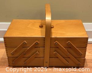 MaxSold Auction: Vintage Wood Expandable Sewing Basket - Made in Romania - Toronto (Ontario, Canada) SELLER MANAGED Downsizing Online Auction - Logan Avenue