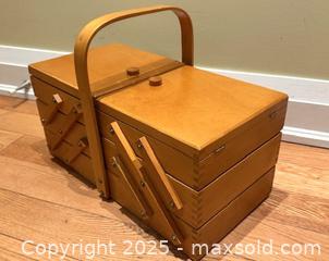 MaxSold Auction: Vintage Wood Expandable Sewing Basket - Made in Romania - Toronto (Ontario, Canada) SELLER MANAGED Downsizing Online Auction - Logan Avenue