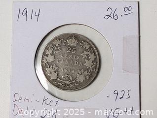 MaxSold Auction: 1914 Semi Key Date 25 cent .925 - South Frontenac (Ontario, Canada) SELLER MANAGED Downsizing Online Auction - Battersea Road