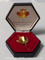 MaxSold Auction: gold toned leaf brooch pin Maple Leaf in holder - South Frontenac (Ontario, Canada) SELLER MANAGED Downsizing Online Auction - Battersea Road