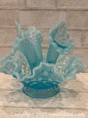 MaxSold Auction: Vintage Fenton Blue Epergne Opalescent Diamond Lace Glass vase - Morgan Hill (California, USA) SELLER MANAGED Downsizing Online Auction - San Clemente Lane