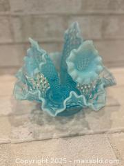 MaxSold Auction: Vintage Fenton Blue Epergne Opalescent Diamond Lace Glass vase - Morgan Hill (California, USA) SELLER MANAGED Downsizing Online Auction - San Clemente Lane