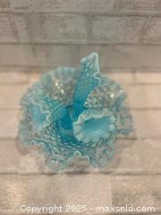 MaxSold Auction: Vintage Fenton Blue Epergne Opalescent Diamond Lace Glass vase - Morgan Hill (California, USA) SELLER MANAGED Downsizing Online Auction - San Clemente Lane