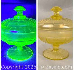 MaxSold Auction: Vtg Fenton Topaz Yellow Uranium Ribbed Lidded Compote Pedestal Candy Dish Bowl - Morgan Hill (California, USA) SELLER MANAGED Downsizing Online Auction - San Clemente Lane