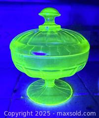 MaxSold Auction: Vtg Fenton Topaz Yellow Uranium Ribbed Lidded Compote Pedestal Candy Dish Bowl - Morgan Hill (California, USA) SELLER MANAGED Downsizing Online Auction - San Clemente Lane