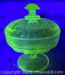 MaxSold Auction: Vtg Fenton Topaz Yellow Uranium Ribbed Lidded Compote Pedestal Candy Dish Bowl - Morgan Hill (California, USA) SELLER MANAGED Downsizing Online Auction - San Clemente Lane