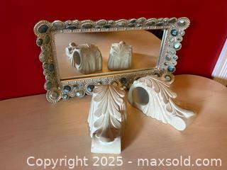 MaxSold Auction: Decorative Vanity Mirror with Jewel-Tone &#38; Scroll Finials Drapery Rod Holders - London (Ontario, Canada) PARTNER MANAGED Downsizing Online Auction - Trillium Crescent