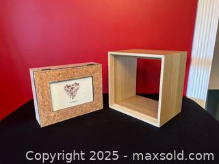 MaxSold Auction: Floating Square Wood Shelf &#38; Cork Photo Storage Box – Modern Natural Decor Set - London (Ontario, Canada) PARTNER MANAGED Downsizing Online Auction - Trillium Crescent