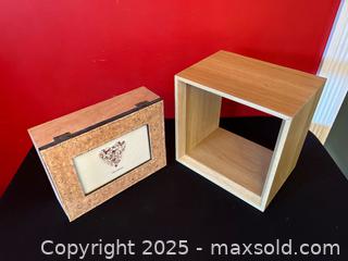MaxSold Auction: Floating Square Wood Shelf &#38; Cork Photo Storage Box – Modern Natural Decor Set - London (Ontario, Canada) PARTNER MANAGED Downsizing Online Auction - Trillium Crescent