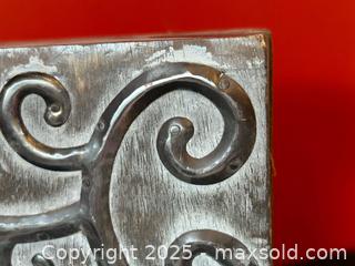 MaxSold Auction: Wooden Box with Embossed Metal Scroll Design – 9”L x 5”W x 2.75”H - London (Ontario, Canada) PARTNER MANAGED Downsizing Online Auction - Trillium Crescent