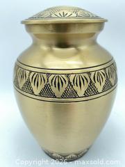 MaxSold Auction: Brass Keepsake Cremation Funeral Urn, Antique Brass/Satin Gold with Engraved Band 5.5”  - Smiths Falls (Ontario, Canada) SELLER MANAGED Reseller Online Auction -  Autumn Drive