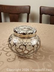 MaxSold Auction: Glass Vanity Jar with Silverplate Filigree Overlay Lid - Ajax (Ontario, Canada) SELLER MANAGED Estate Sale Online Auction - Billingsgate Crescent